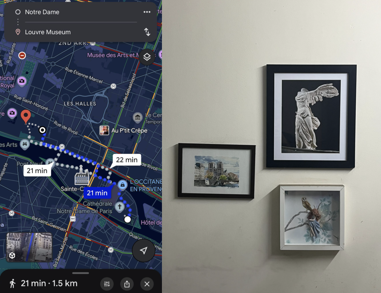 Map showing Notre Dame and the Louvre within 1.5km of each other